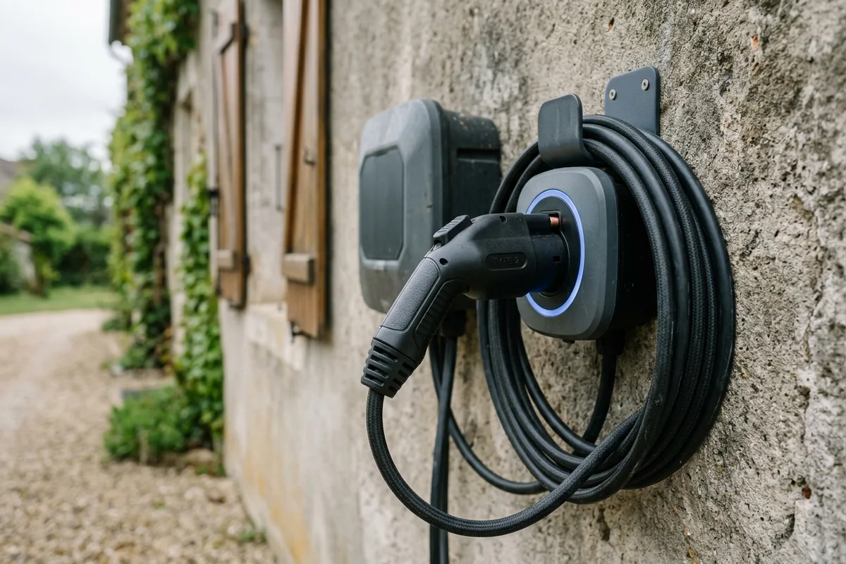 Détail technique d'une Wallbox moderne pour véhicule électrique fixée au mur à Domarin