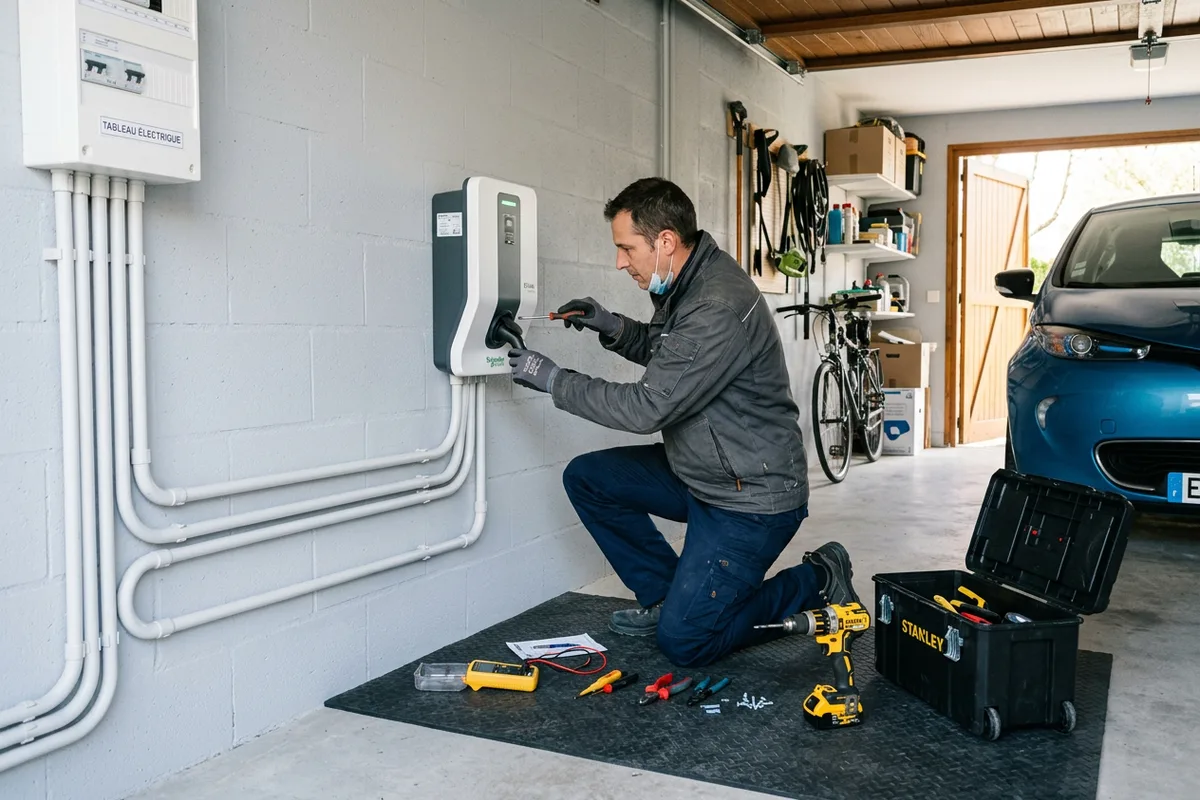 Technicien qualifié réalisant l'installation borne de recharge dans un garage privé à Doullens