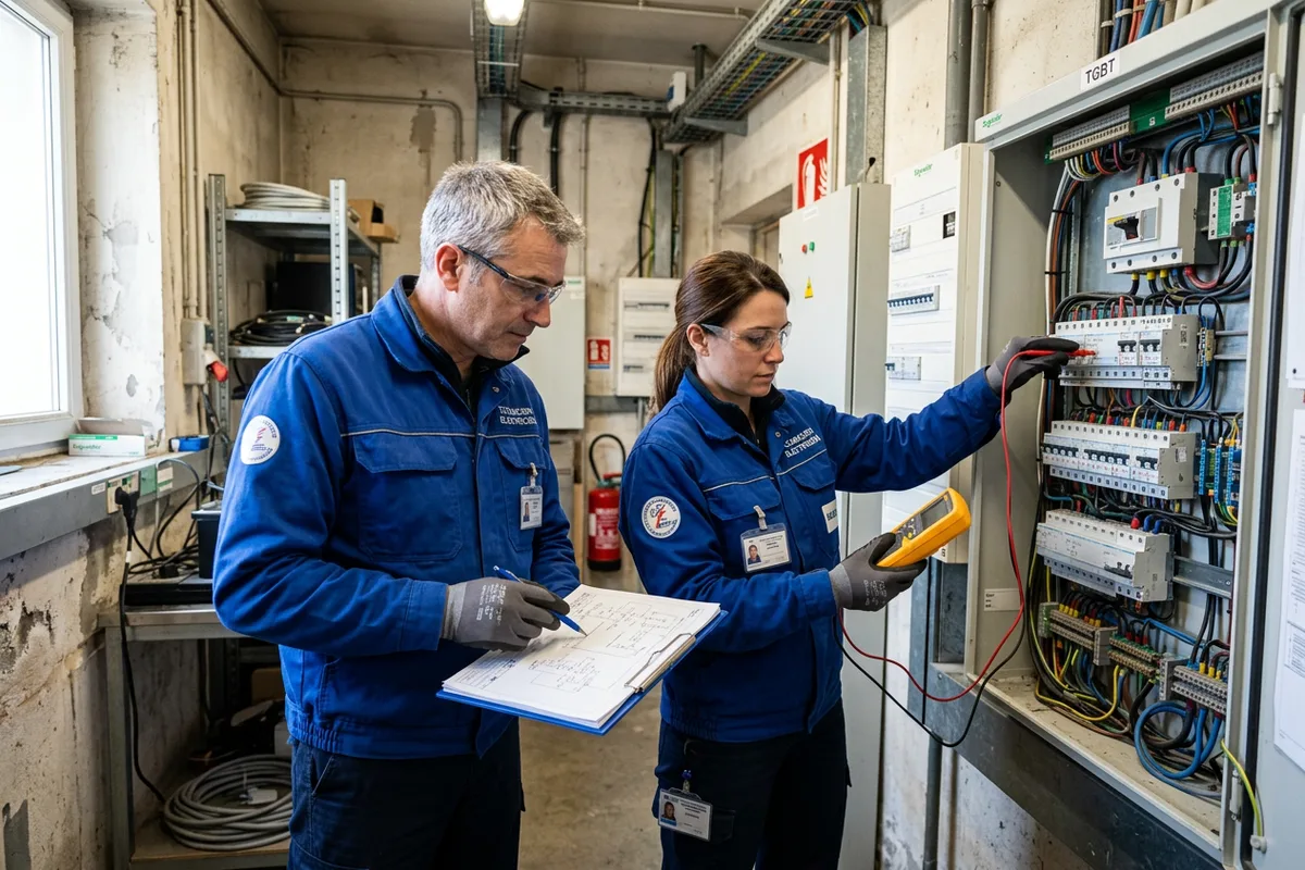 Équipe d'électriciens préparant le tableau électrique pour borne de recharge à Longjumeau